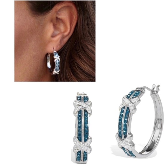 NWT Savvy Cie Rhodium Plated Pave Blue Crystal & SilverTone Hoop Earrings - Picture 3 of 12